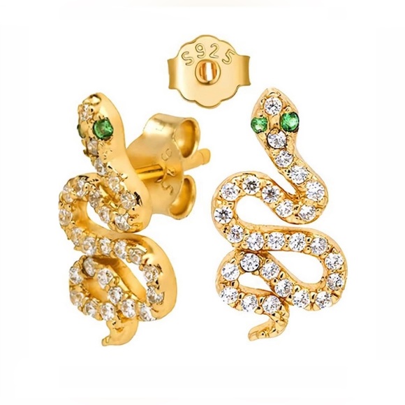Hiatus Jewelry - Boutique | Emerald Eye Serpent Earrings Sterling Silver Stud 18K Gold Plated NWT